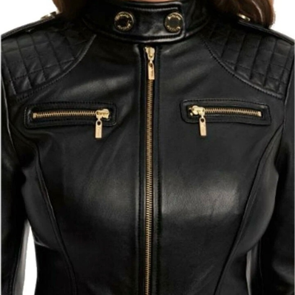 Women's Leather Moto Jacket with Gold Hardware - Picture 3 of 10